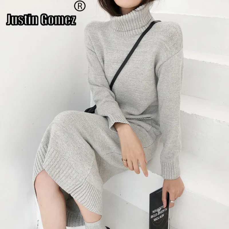 Slim Type Knit Long-sleeved Sweater Dress Turtleneck Thick Winter Sweaters With Pockets Women Elegant Knee-length Knitted Dress 
Slim Type Knit Long-sleeved Sweater Dress Turtleneck Thick Winter Sweaters With Pockets Women Elegant Knee-length Knitted Dress