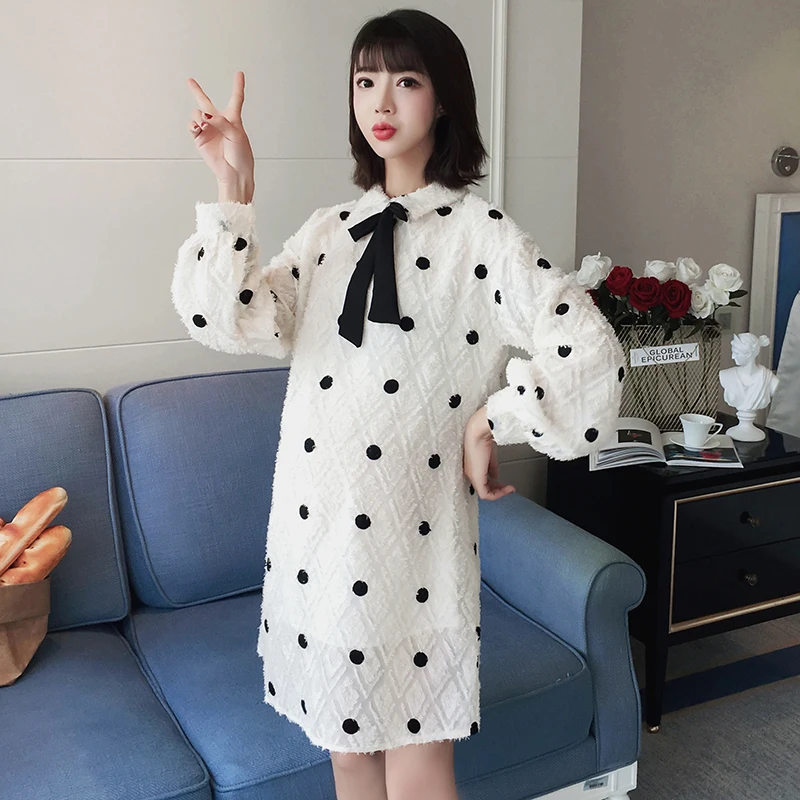 

Autumn fashion sweet pregnant women dress turn-down collar maternity polka dot dress bow pregnancy a-line dress with lining cute