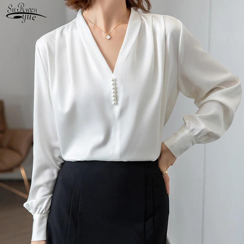 

Satin Gloss Long-sleeved Blouse Woman 2023 Fall Fashion Pure Solid Temperament Women Shirt Beading Elegant V-neck Blouses 16500