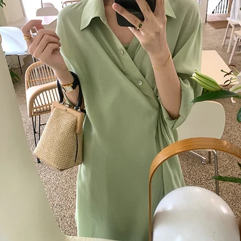 Korean Version of the Retro Chic Was Thin Irregular Button Dress 2019 New Summer Women + Solid Color Sling Top Two Sets
Korean Version of the Retro Chic Was Thin Irregular Button Dress 2019 New Summer Women + Solid Color Sling Top Two Sets