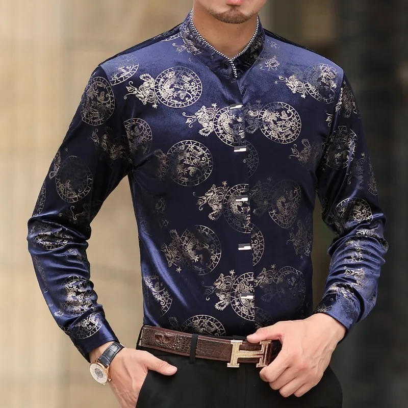 Фото Весенняя модная новинка с принтом бархатная Мужская рубашка длинным рукавом Camisa