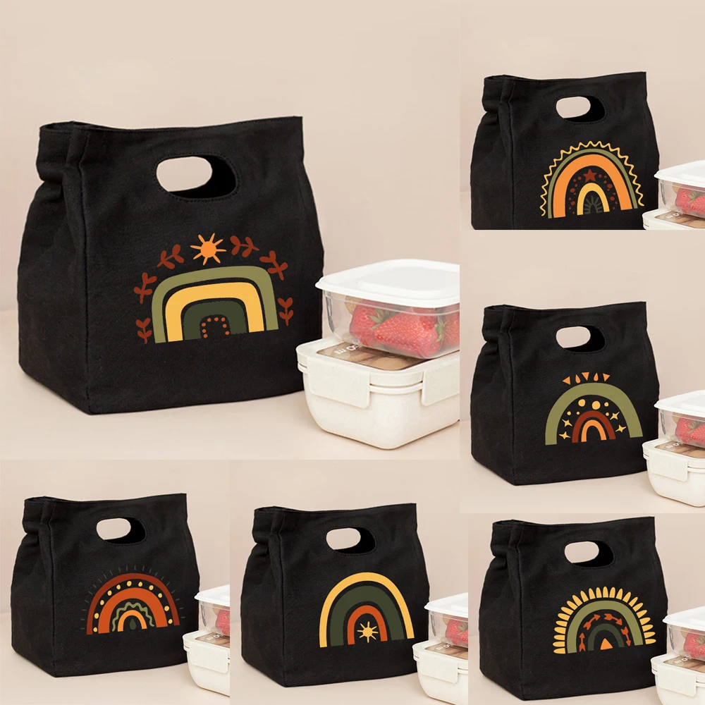 

Cute Fashion Rainbow Print Black Lunch Bags Casual Reusable Eco Thermal Pouch Foldable Harajuku High Capacity Travel Picnic Tote