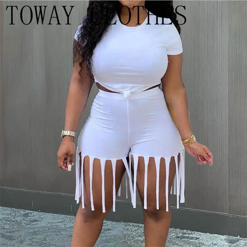 Летний женский спортивный облегающий костюм с бахромой и коротким рукавом, майка с круглым вырезом и шорты, комплект из 2 предметов