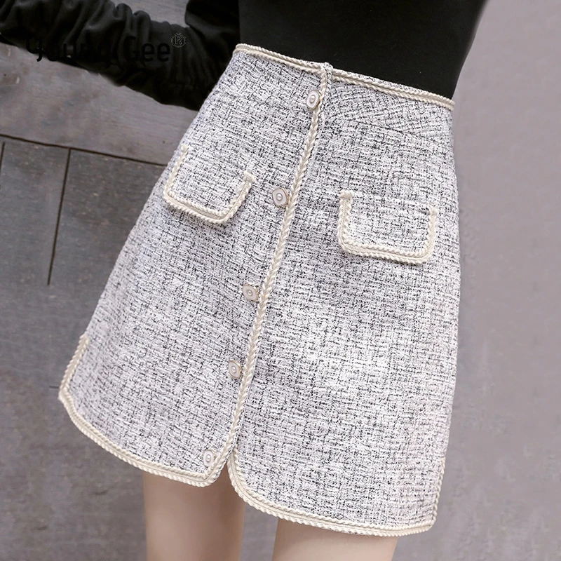 Young Gee Autumn Winter 2019 Wool Skirt Womens Elegant Pearls Button Fake Pocket Glitter Tweed Mini Skirts S-XL Saia Feminina
Young Gee Autumn Winter 2019 Wool Skirt Womens Elegant Pearls Button Fake Pocket Glitter Tweed Mini Skirts S-XL Saia Feminina