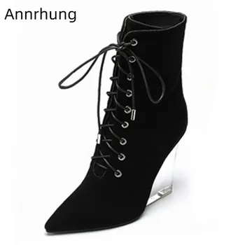 New Autumn Suede Ankle Boots Clear High Wedges Botas Mujer Sexy Pointed Toe Cross Tied Winter Boots Women Glass Heel Short Botas
New Autumn Suede Ankle Boots Clear High Wedges Botas Mujer Sexy Pointed Toe Cross Tied Winter Boots Women Glass Heel Short Botas