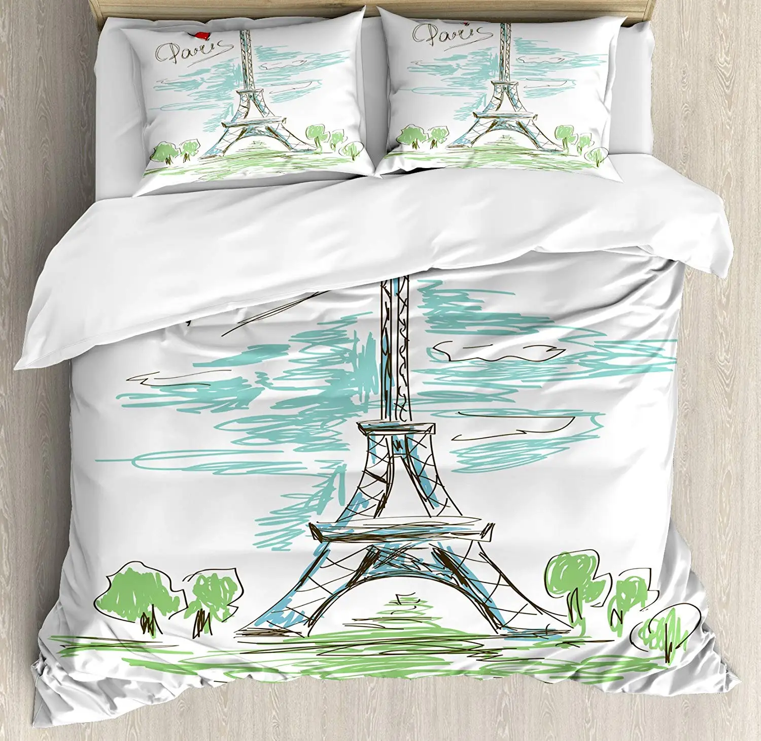 Paris Duvet Cover Set by Ambesonne Touristic Colorful Sketch of Eiffel Tower in French Style Travel Illustration 3 Piece |