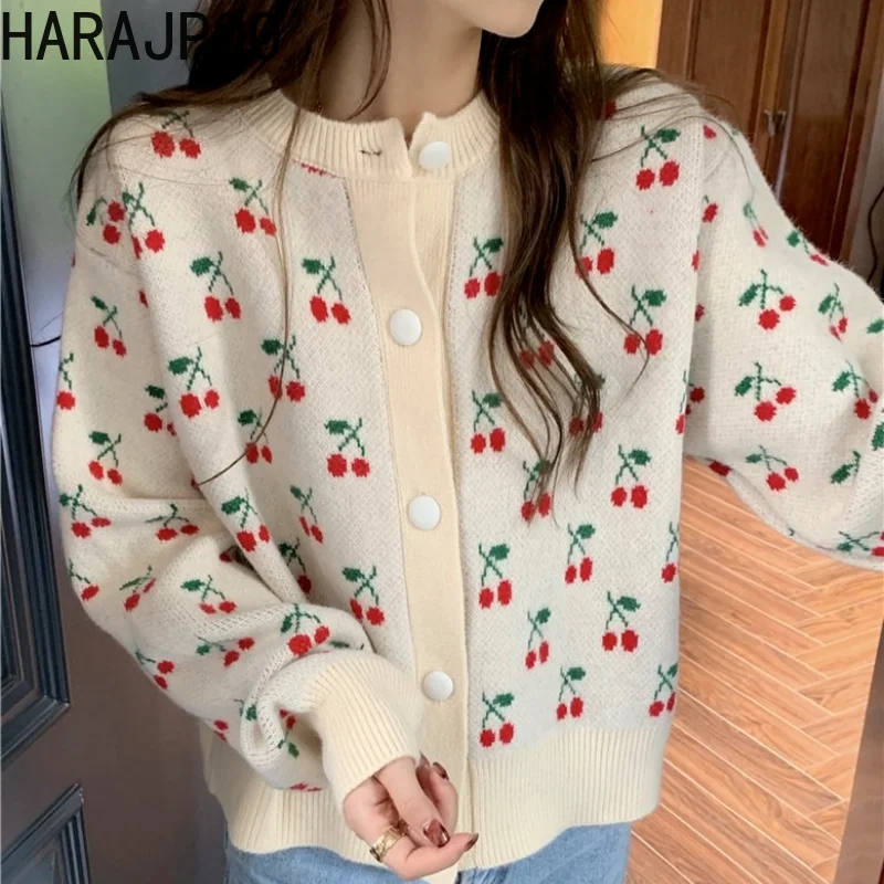 Harajpoo Women Cardigan Japanese Lazy Style Cherry Jacquard Sweater Spring Fall 2021 New Korean Loose Outer Knit Casual Tops |
