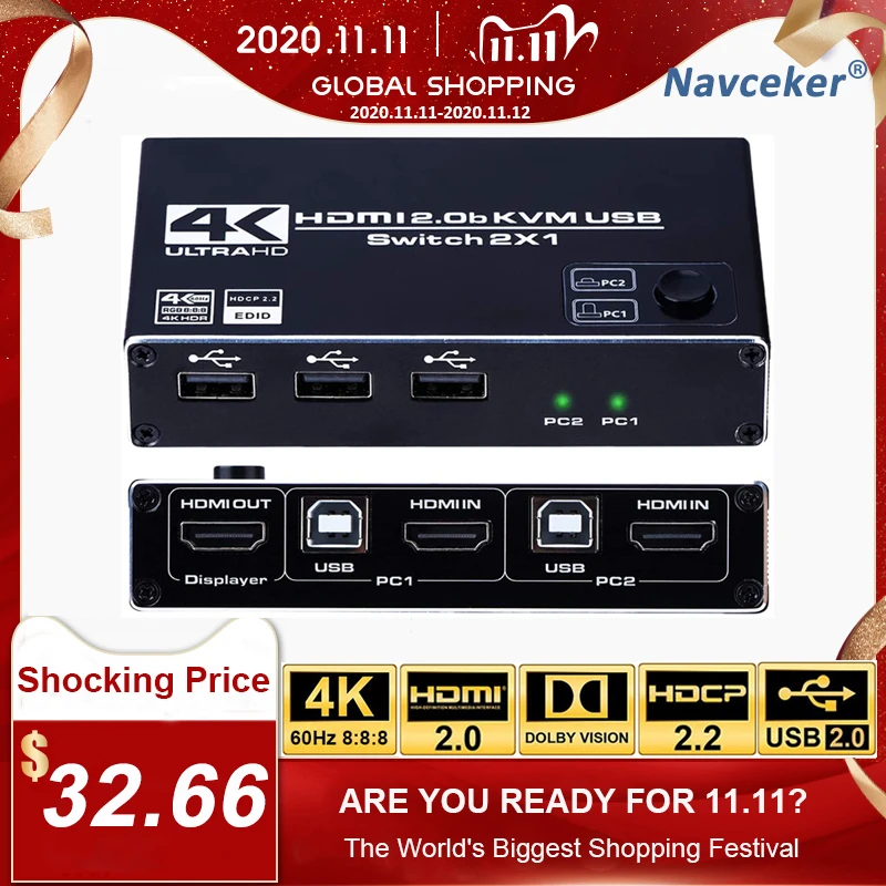 2020 4K 60Hz KVM Switch HDMI 2 Port HDMI KVM Switch USB PC Computer KVM Switch Keyboard Mouse Switcher Box for Laptop,PS4,Xbox
2020 4K 60Hz KVM Switch HDMI 2 Port HDMI KVM Switch USB PC Computer KVM Switch Keyboard Mouse Switcher Box for Laptop,PS4,Xbox