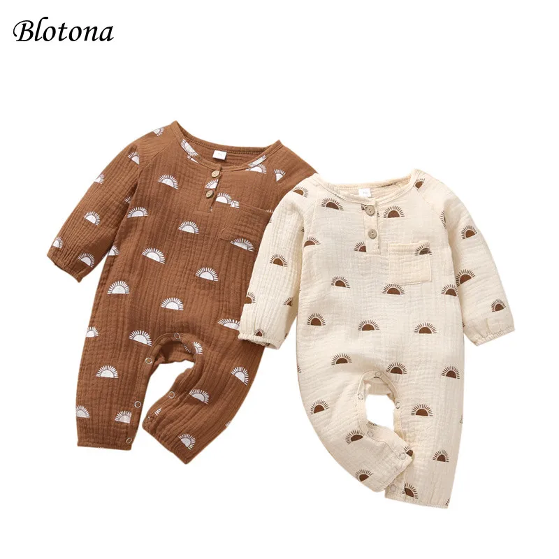 

Blotona Baby Girls Boys Button Jumpsuit, Toddlers Spring Autumn Creative Sun Print Front Pocket Long Sleeve O-Neck Romper, 0-18M