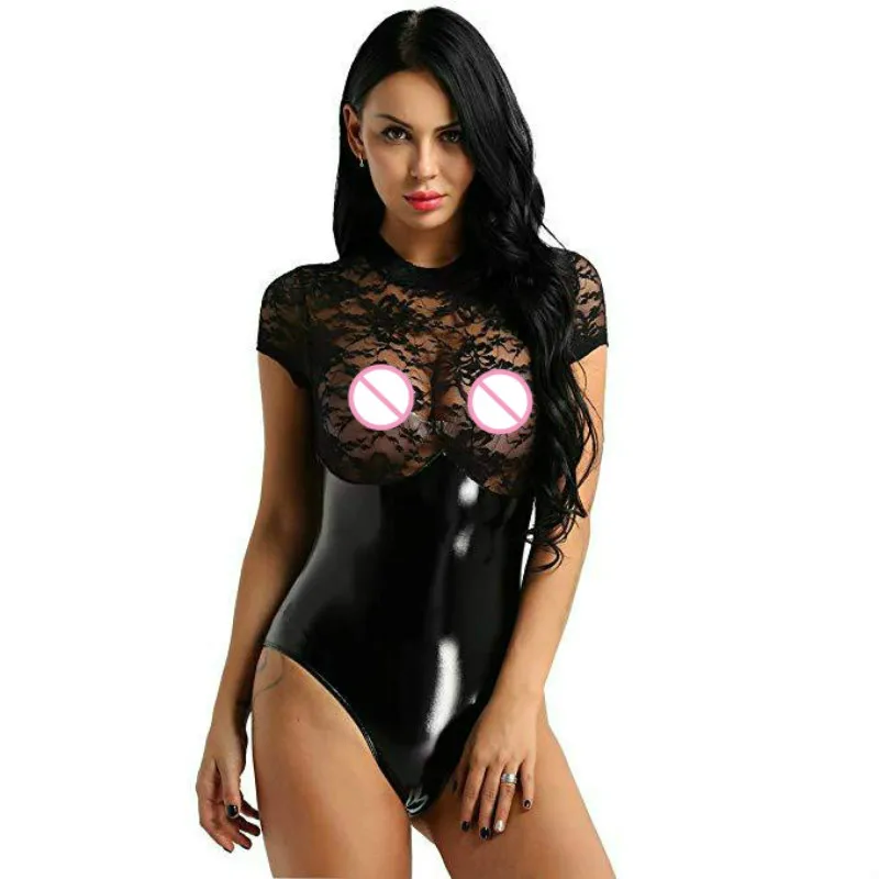 

Women See Through Jumpsuit Sexy Mesh Lingerie Glossy Faux Leather Transparent Lace Bodysuit Erotic Latex Breast Exposing Bodycon