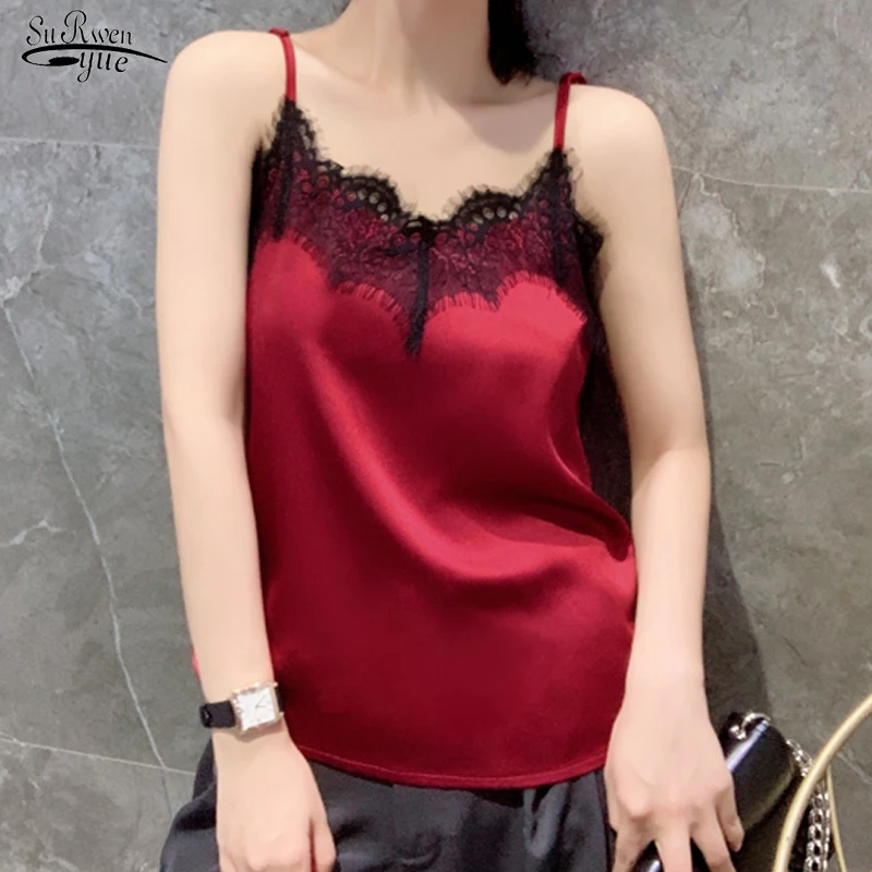 

2021 Summer Sling Satin Sleeveless Blouse Women Casual Sexy Solid Lace Women Shirts Crop Top Women Clothing Blusas Mujer 9750