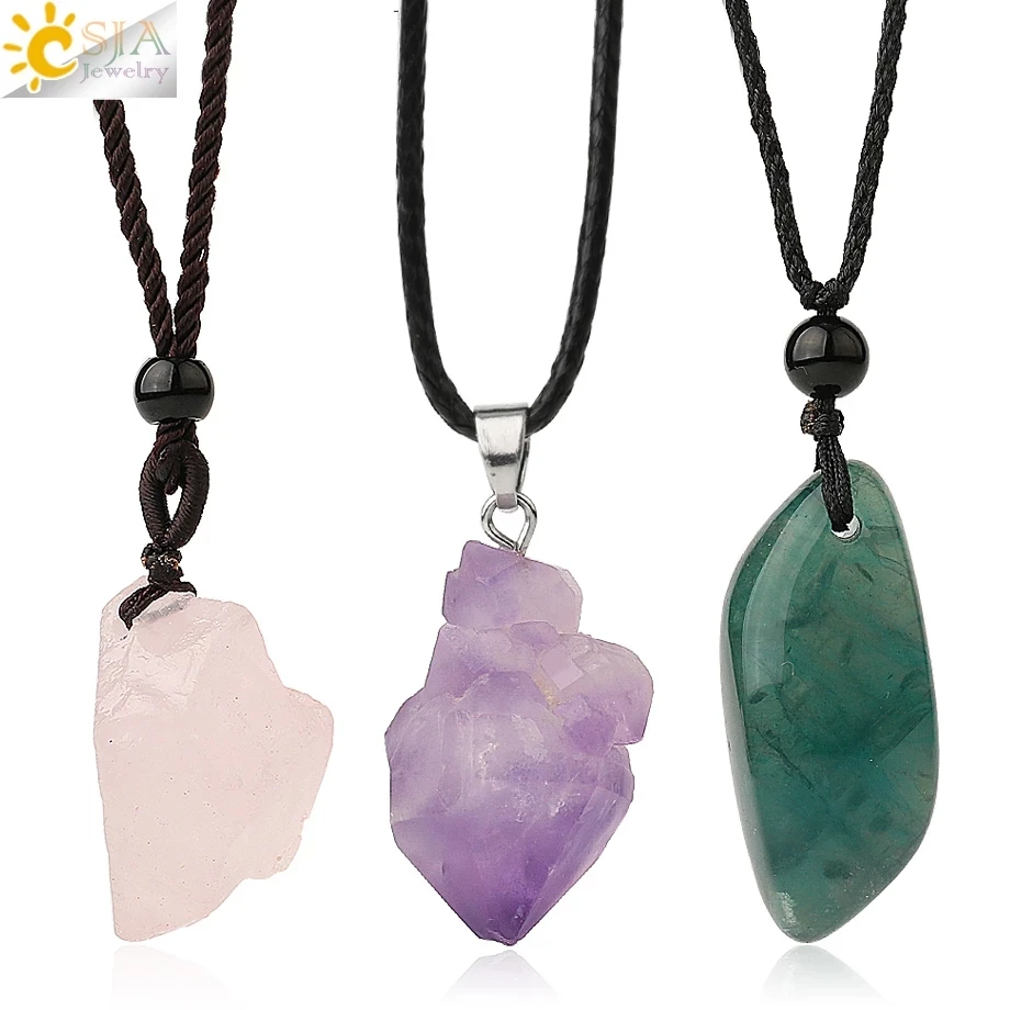 CSJA Irregular Natural Healing Stone Necklace Pendants Pink Quartz Fluorite Rose Crystals Pendant for Women Men Jewelry G522 | Украшения и