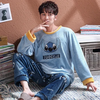 New Men Pajamas Set Warm Flannel Male Long-sleeved Blue Stich Pyjama Loose Men Home Set Coral Fleece Loose Sleepwear Top+ Pants 
New Men Pajamas Set Warm Flannel Male Long-sleeved Blue Stich Pyjama Loose Men Home Set Coral Fleece Loose Sleepwear Top+ Pants