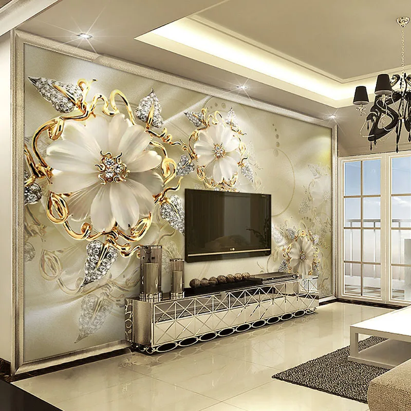 Custom-3D-Mural-Wallpaper-European-Style-Diamond-Jewelry-Golden-Flower-Backdrop-Decor-Mural-Modern-Art-Wall