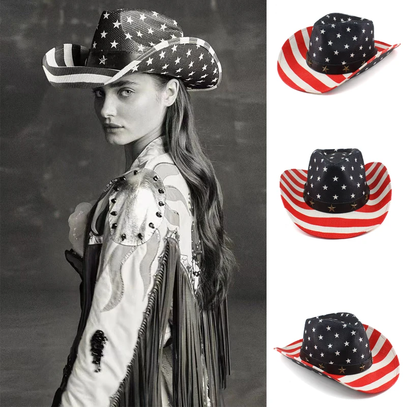 

Men Women Straw Western Cowboy Hats Wide Brim Sunhat USA National Flag Pattern Summer Sombrero Travel Sunbonnet Outdoor Size L