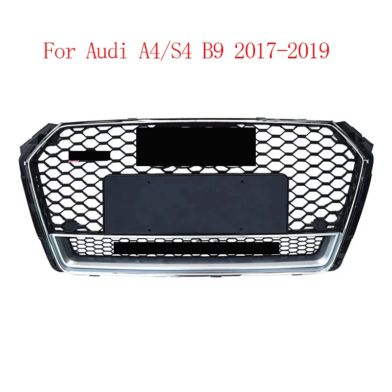 

For RS4（Quattro） Style Front Sport Hex Mesh Honeycomb Hood Grill Chrome Gloss Black For Audi A4/S4 B9 2017 2018 2019