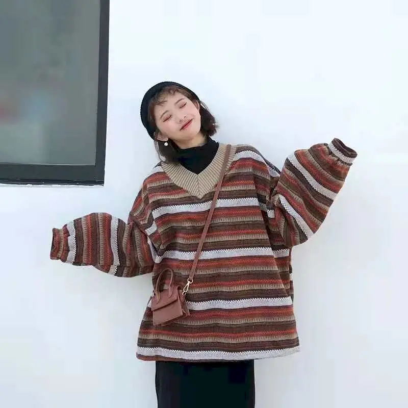 Sweater girl student Korean striped contrast color V-neck BF lazy style pullover loose sweaters for women fall women clothing
Sweater girl student Korean striped contrast color V-neck BF lazy style pullover loose sweaters for women fall women clothing