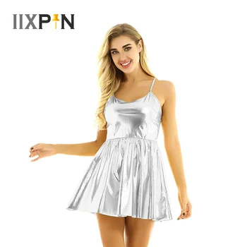 Women Pole dance Shiny Metallic Flare Skater Dress for Musical Festival Rave Outfits Adjustable Spaghetti Shoulder Straps Dress 
Women Pole dance Shiny Metallic Flare Skater Dress for Musical Festival Rave Outfits Adjustable Spaghetti Shoulder Straps Dress