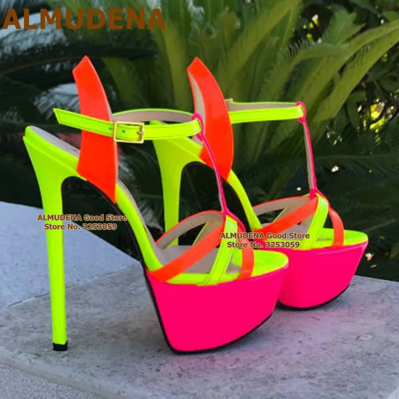 ALMUDENA Neon Heels Sky High Platform Sandals Red Pink Candy Color Patchwork Strappy Wedding Shoes T-strap Nightclub Pumps
ALMUDENA Neon Heels Sky High Platform Sandals Red Pink Candy Color Patchwork Strappy Wedding Shoes T-strap Nightclub Pumps