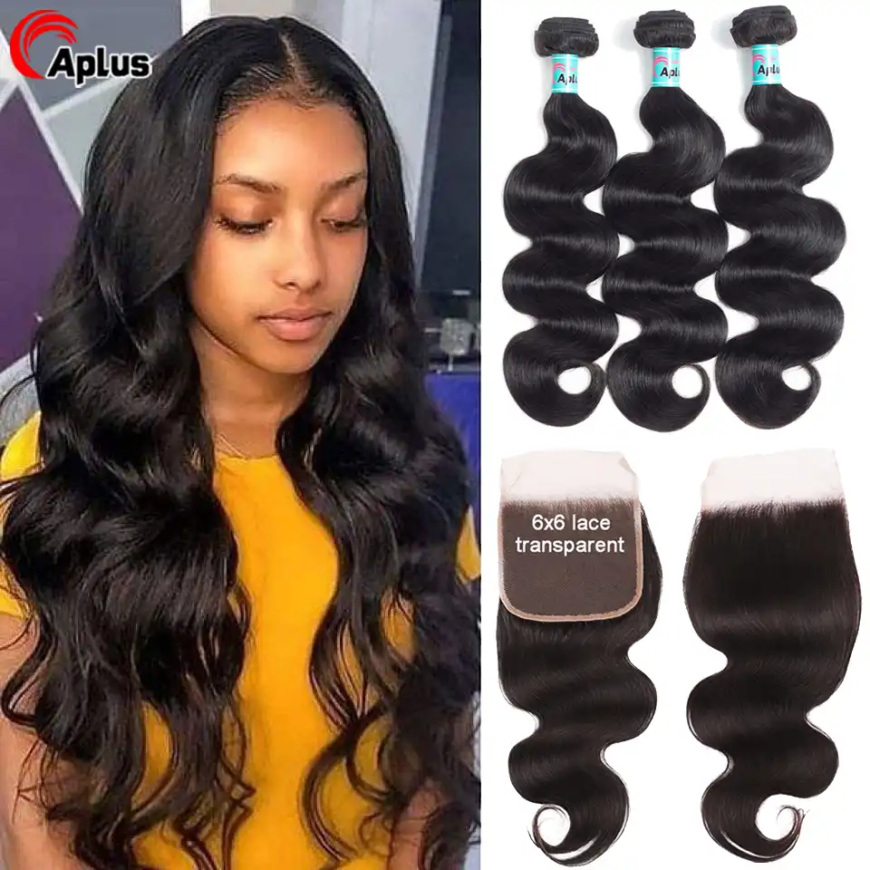 Transparent Lace 3 Bundles Brazilian Bodywave With Closure Hair