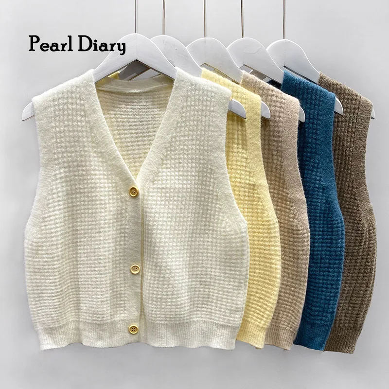

Pearl Diary Women Autumn Winter Cardigans V Neck Buttons Front Sleeveless Casual Waffle Sweater Cardigans Vintage