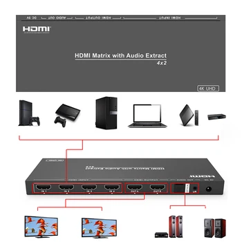 4*2 HDMI Matrix Splitter Switch With Audio Extractor 4 Input 2 Output Support HDCP 2.2 EDID 4K*2K With IR Remote
4*2 HDMI Matrix Splitter Switch With Audio Extractor 4 Input 2 Output Support HDCP 2.2 EDID 4K*2K With IR Remote