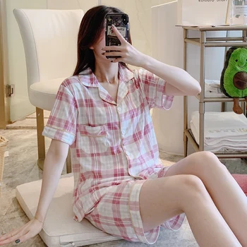 Summer New Pajamas for Women's Short-Sleeved tops+Shorts Lapel Cardigan Cute Cartoon Leisure sleepwear femme home clothes 
Summer New Pajamas for Women's Short-Sleeved tops+Shorts Lapel Cardigan Cute Cartoon Leisure sleepwear femme home clothes