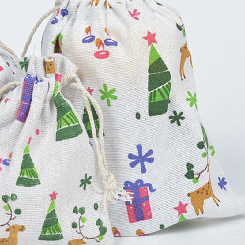 50pcs christmas candy bag linen drawstring gift bags deer elk