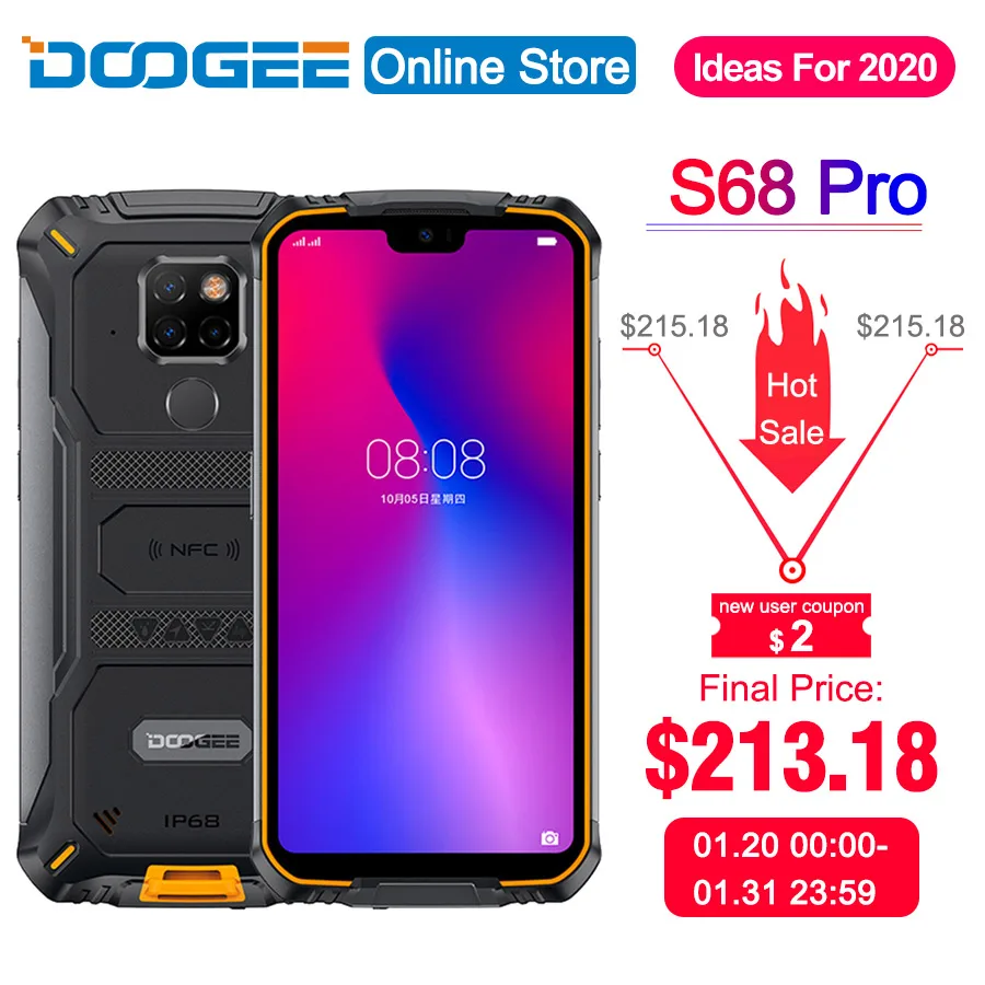 

DOOGEE S68 Pro Rugged Phone IP68 Waterproof Helio P70 Octa Core 6GB 128GB Wireless Charge NFC 6300mAh 12V2A Charge 5.84 inch FHD