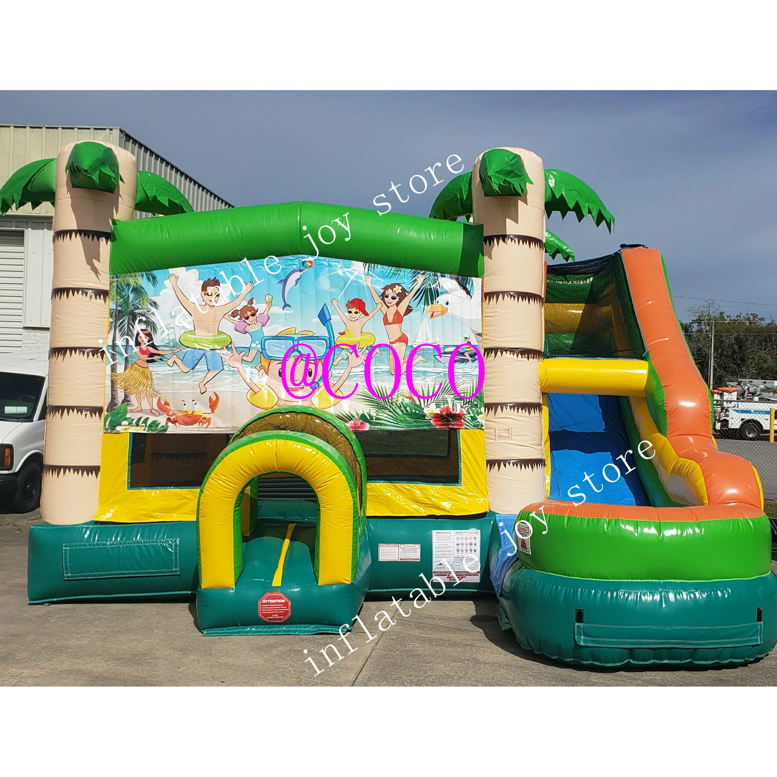 

free air ship to door, 5x4m jungle bouncer combo inflatable bounce house jumping bouncy castle with banner