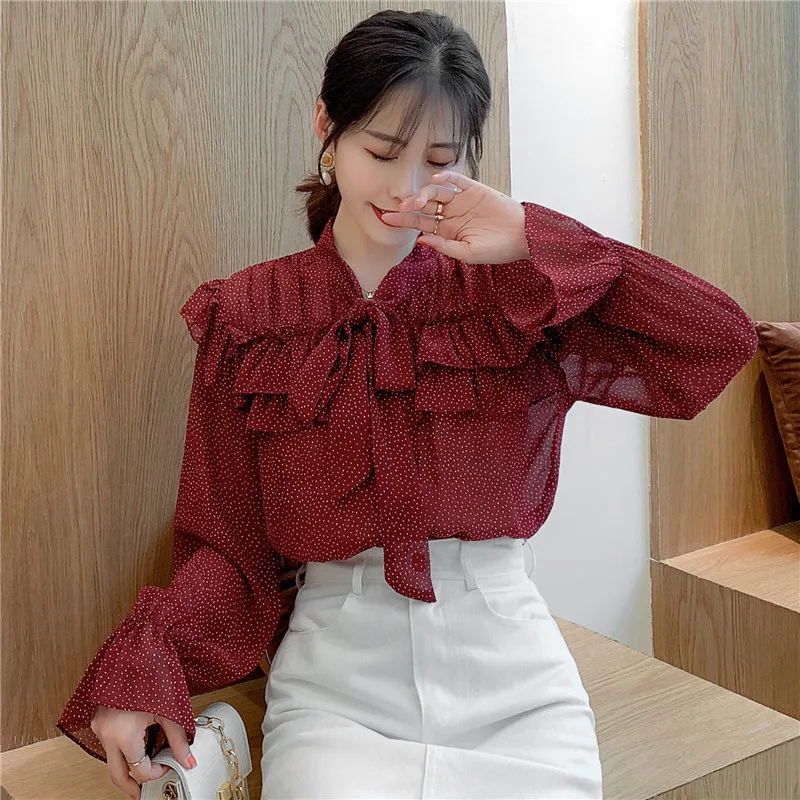Spring Autumn Long Flare Sleeve Polka Dot Blouse Women Korean Fashion Elegant Ladies Bow Collar Ruffle Chiffon Blouses and Tops
Spring Autumn Long Flare Sleeve Polka Dot Blouse Women Korean Fashion Elegant Ladies Bow Collar Ruffle Chiffon Blouses and Tops