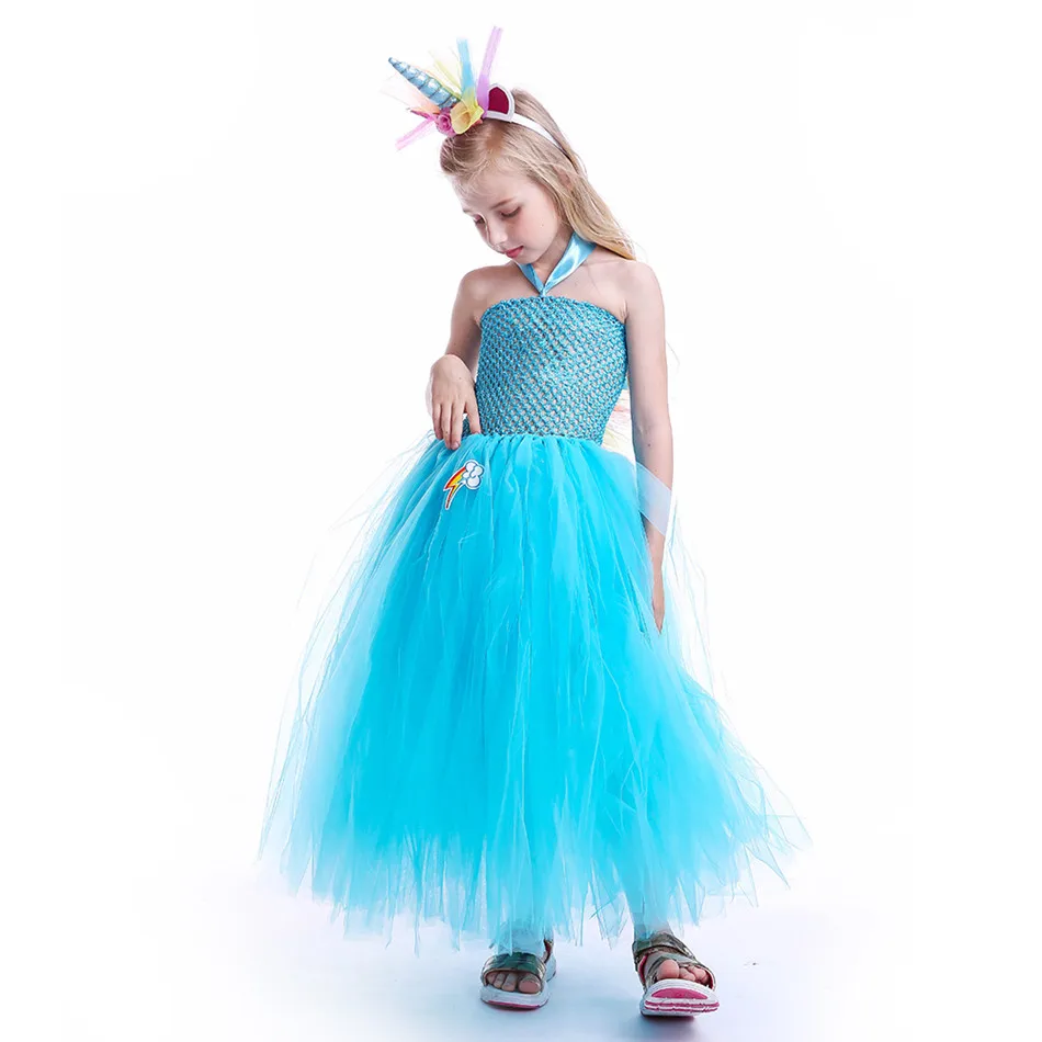Blue Girls Tutu Dress With Flower Unicorn Headband Baby Fluffy Tulle Robe Kids Girl Performance Halloween Costume Vestidos Clothes (3)