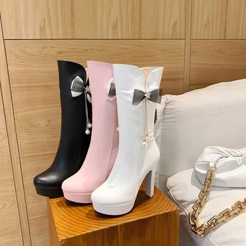 US4-11 Womens Round Toe Platform Bowknot Mid Calf Boots Super High Heel 12CM Lolita Beads Shoes 3Colors Plus Size New 2020
US4-11 Womens Round Toe Platform Bowknot Mid Calf Boots Super High Heel 12CM Lolita Beads Shoes 3Colors Plus Size New 2020