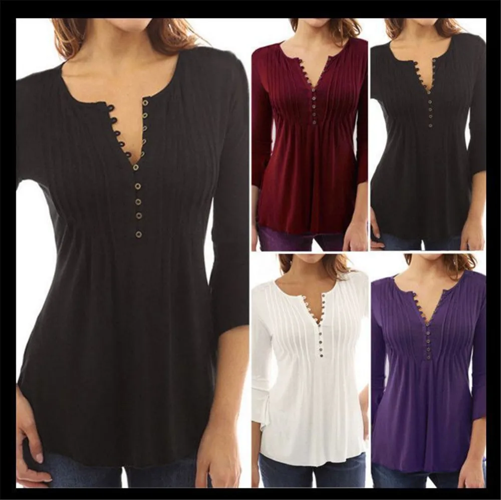 Woman Tshirts Solid Color Button Flare Sleeve Pleated Tops Loose Inside Plus Size Clothing
Woman Tshirts Solid Color Button Flare Sleeve Pleated Tops Loose Inside Plus Size Clothing