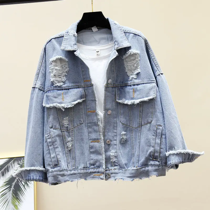 Spring Autumn Harajuku Loose Plus size Batwing sleeves Women Hole Denim jacket Oversized Washed Blue Jean jacket Female Outwear
Spring Autumn Harajuku Loose Plus size Batwing sleeves Women Hole Denim jacket Oversized Washed Blue Jean jacket Female Outwear