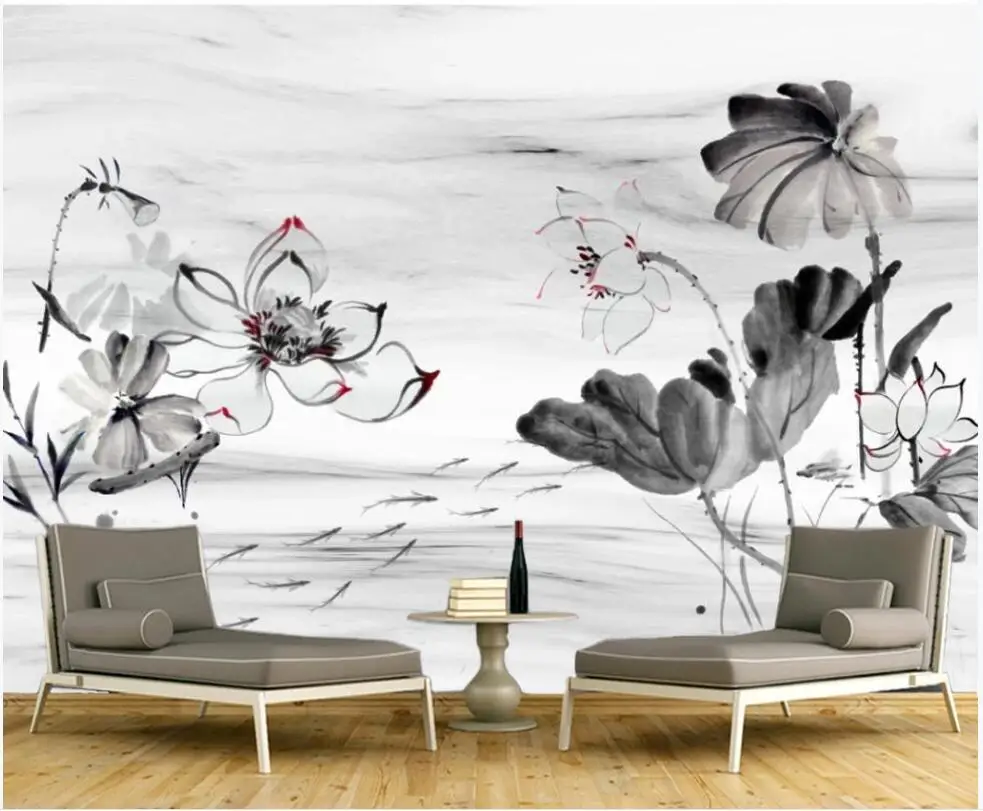 

custom photo 3d wallpaper Chinese ink lotus flower background living room home decor 3d wall murals wallpaper for walls 3 d
