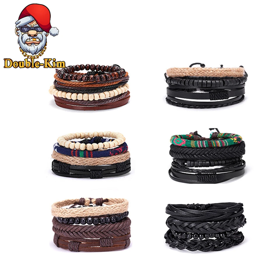 

4pcs/set Contracted Style Leather Rope Bracelet Hip-Hop Street Culture PU Leather Rope Man Bracelet Fashion Trendy Men Jewelry