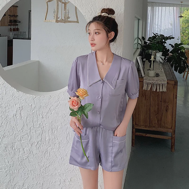 Womens Lapel Embroidered Pajamas Short Sleeve Shorts Pajama Set Satin Two Piece Sleepwear Summer Lounge Wear Loose Home Clothes
Womens Lapel Embroidered Pajamas Short Sleeve Shorts Pajama Set Satin Two Piece Sleepwear Summer Lounge Wear Loose Home Clothes