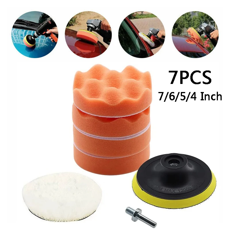 

7PCS 3''/4''/5''/6''/7" Car Polishing Disc Self-Adhesive Buffing Waxing Sponge Wool Polishing Pad For Car Polisher Drill Adapter