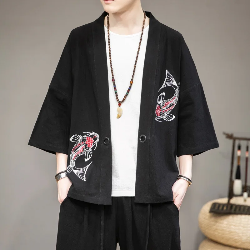 

Cotton Linen Cardigan Coat Chinese Style Hanfu Embroidery Tang Clothes MALE Short Sleeve Summer T-shirt Loose Outwear With Belt