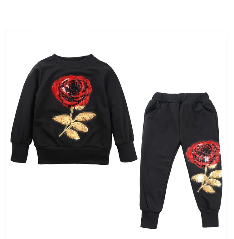 Фото Fashion Boys Tracksuits Set Embroidery Rose Sport Outfits Flower Sequins Top +Pants 2pcs Children Boy Sweatershirts Clothes | Мать и
