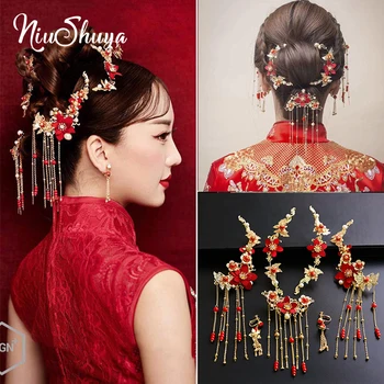 NiuShuya Elegance Traditional Chinese Wedding Hair Accessories Red Flower Headpiece Bridal Headpins Tassel Gold Hairwear jewelry
NiuShuya Elegance Traditional Chinese Wedding Hair Accessories Red Flower Headpiece Bridal Headpins Tassel Gold Hairwear jewelry