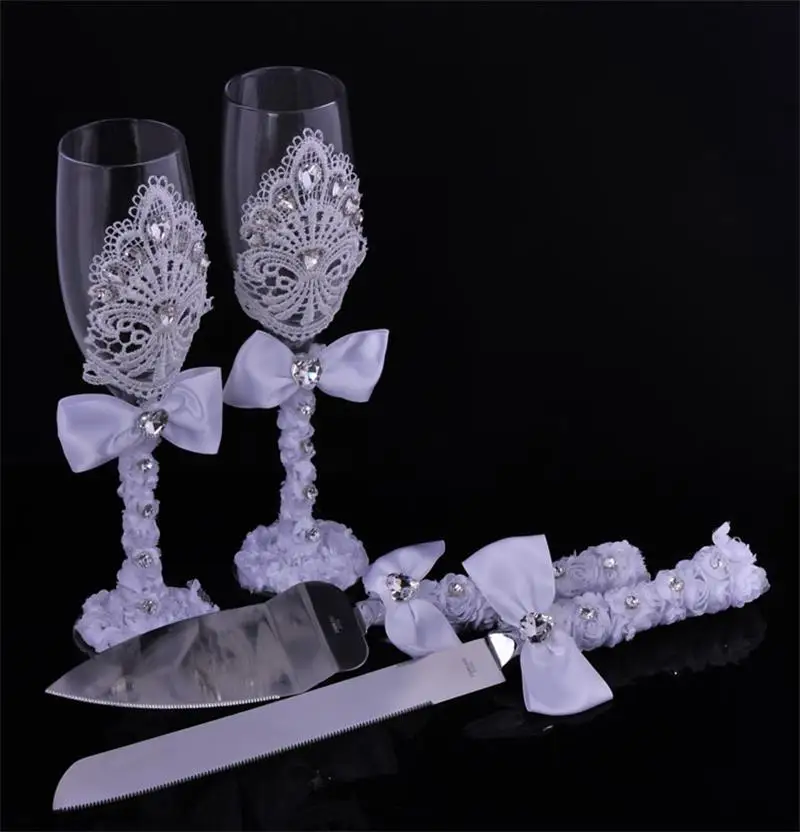 

4Pieces Wedding Supplies Cake Knife Pie Server Set and Wedding Champagne Glasses Set 2 Toasting Champagne Flutes Pie Server Gift