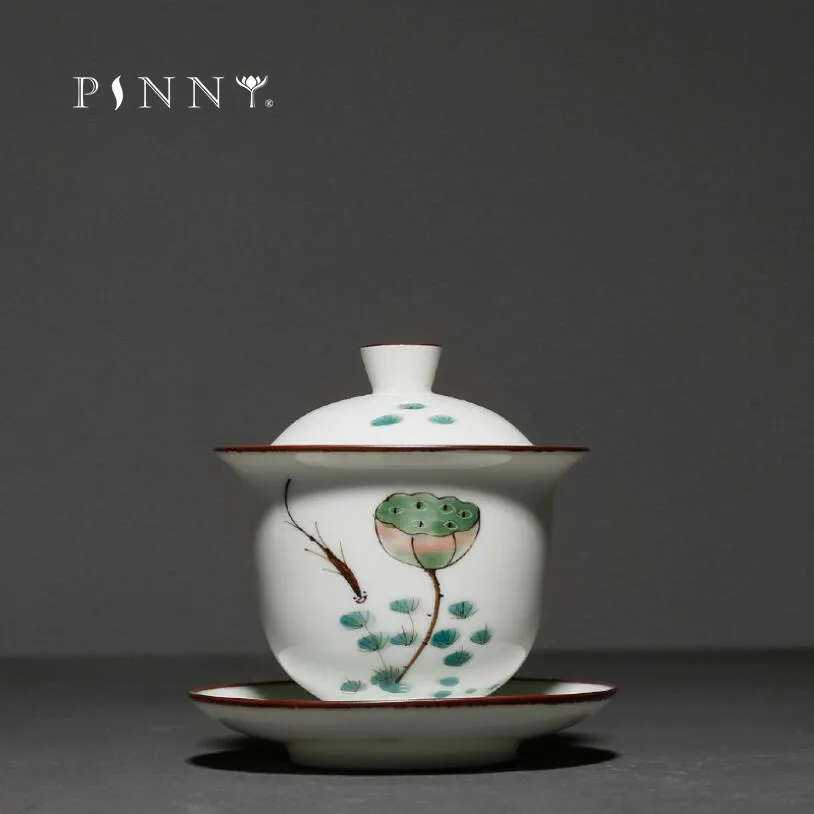 

PINNY 165ML Hand Painted Ceramic Lotus Gaiwan Chinese Kung Fu Tea Tureen Pigmented Retro Tea Service