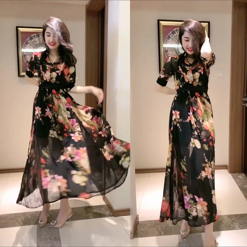 Timis Li Summer Chiffon Dress Detachable Beach Dress Vintage Ruffles Short Sleeve A-Line Party Dress Sundress Vestidos Plus Size