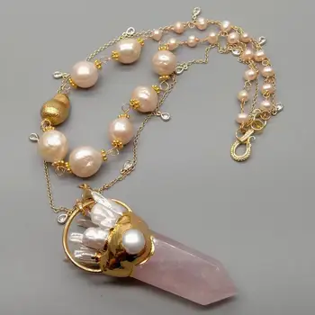 Cultured Pink Keshi Pearl Chain statement Necklace Rose Quartzs Point Biwa Pearl Pendant 19"
Cultured Pink Keshi Pearl Chain statement Necklace Rose Quartzs Point Biwa Pearl Pendant 19"