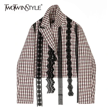 TWOTWINSTYLE Striped Patchwork Lace Coats For Female Lapel Collar Long Sleeve Hollow Out Elegant Hit Color Jackets Women Clothes
TWOTWINSTYLE Striped Patchwork Lace Coats For Female Lapel Collar Long Sleeve Hollow Out Elegant Hit Color Jackets Women Clothes
