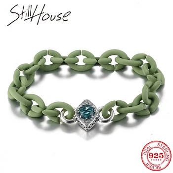 925 Silver Square blue Zircon bead Men Bracelet Pale Green Hard Rubber Bracelets Fashion accessories for women handmade Gift 
925 Silver Square blue Zircon bead Men Bracelet Pale Green Hard Rubber Bracelets Fashion accessories for women handmade Gift