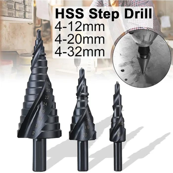3pcs Metric 4-12/20/32mm HSS Step Drill Bit Set Nitride Coated Cone Spiral Grooved Wood/Metal Hole Cutter Power Tools kit