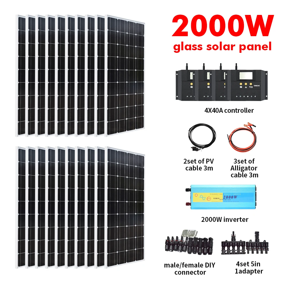 Off-grid 20pcs Solar panel 100W 18V Glass solar System 2000w panneau bsolaire board charge Power generation for home
Off-grid 20pcs Solar panel 100W 18V Glass solar System 2000w panneau bsolaire board charge Power generation for home